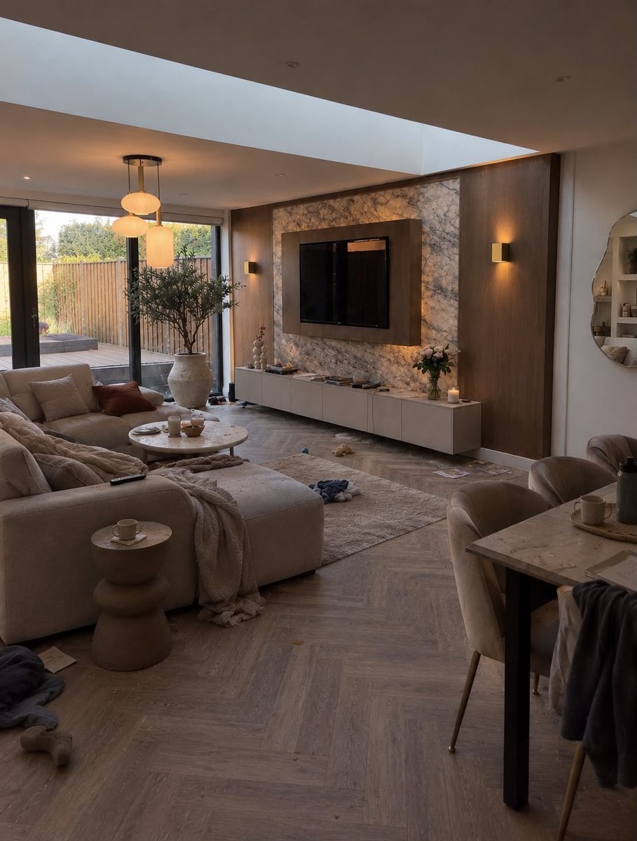 Living room before a clean, cluttered and lived-in